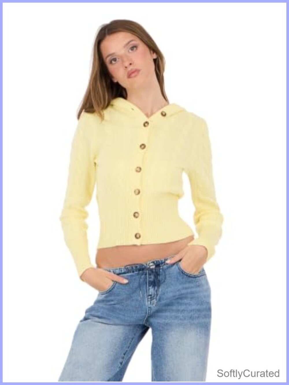 Cable Knit Hooded Cardigan Sweater Rayon Blend Long Sleeve